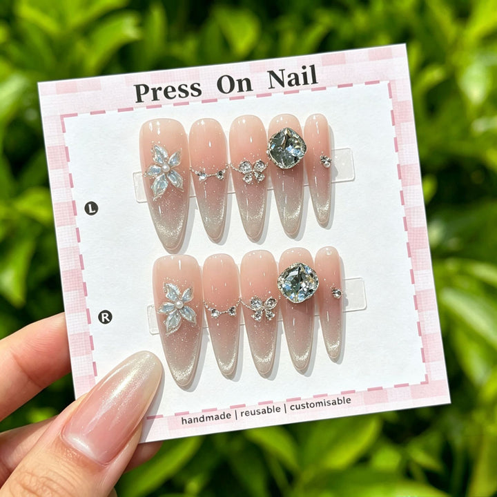 Artistic Press-On Nail Art Set with Cute Character and Bow Accents