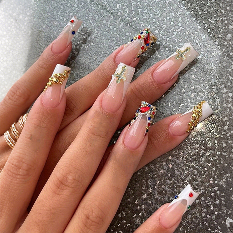 Decorative Press-On Nails Set with Artistic Gemstone Accents kalsten