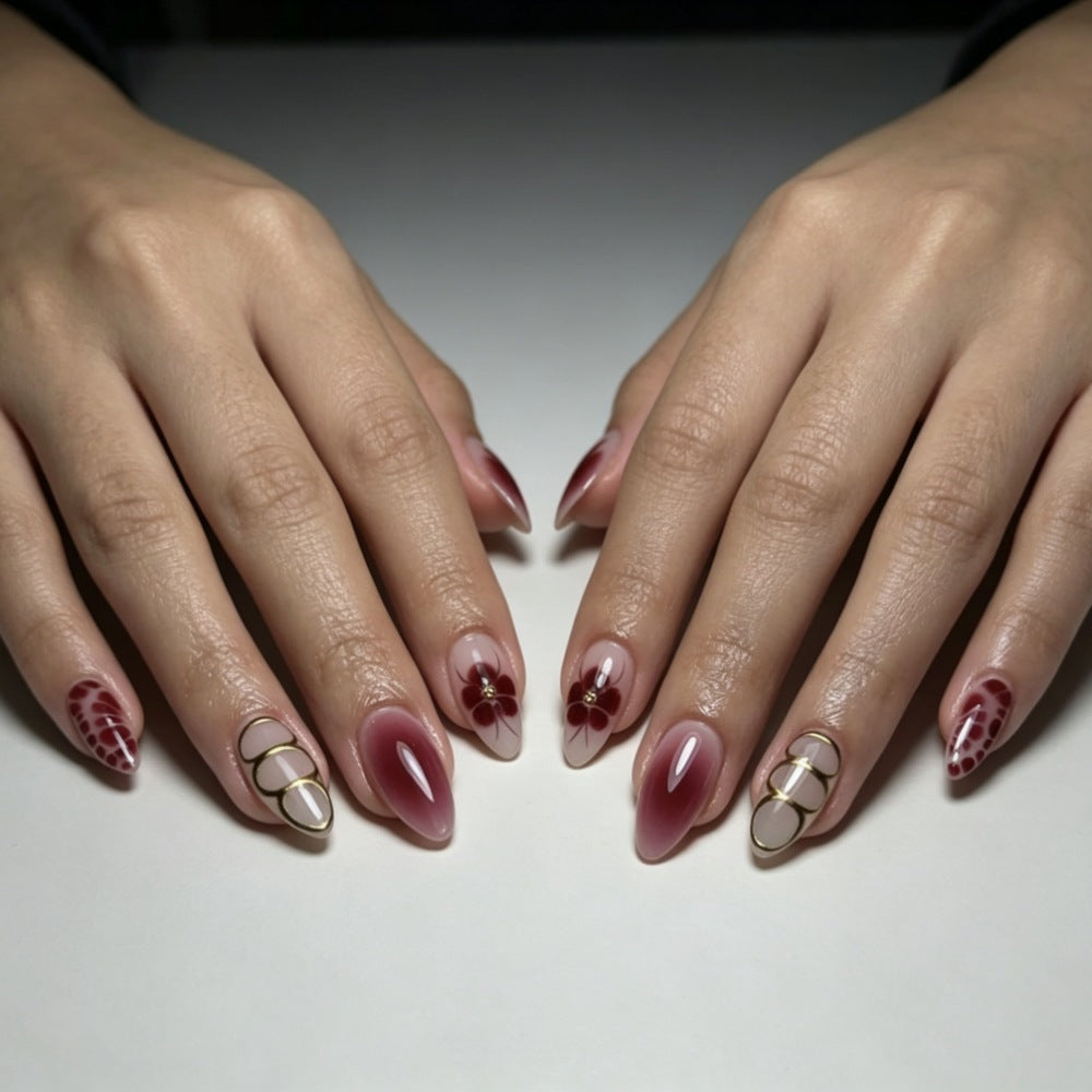 Artistic Press-On Nail Set with Floral and Ombre Designs Kalsten