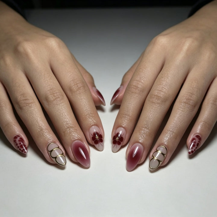 Artistic Press-On Nail Set with Floral and Ombre Designs Kalsten