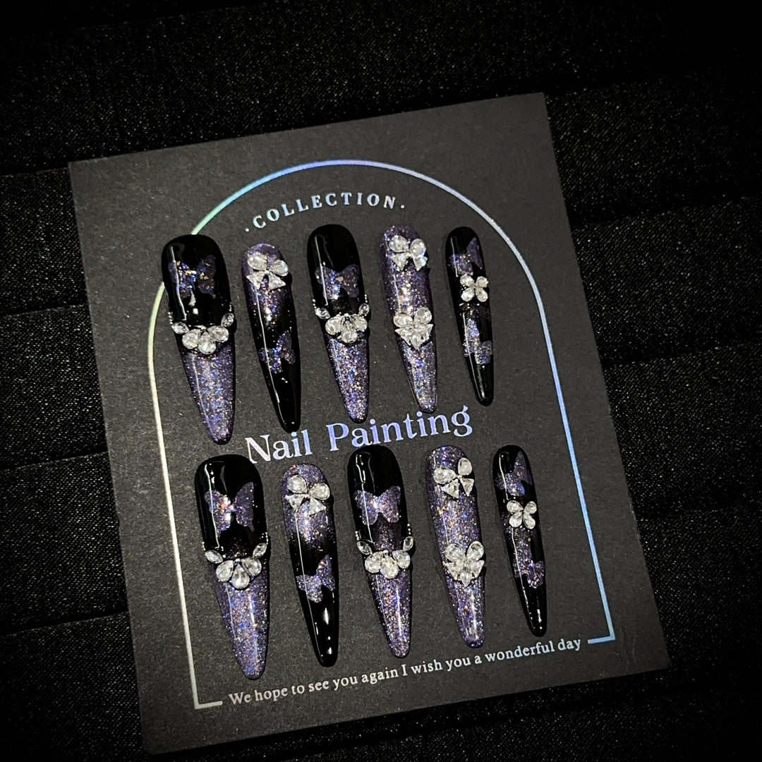Elegant Stiletto Press-On Nail Art Set with Gemstone Accents