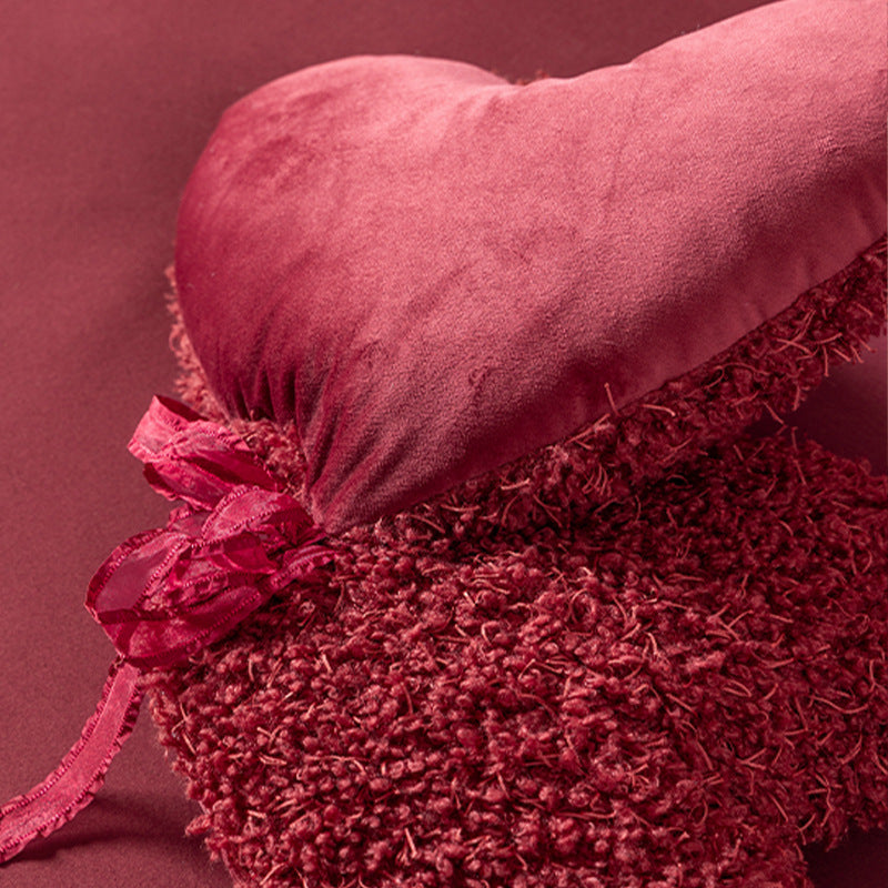 Heart-shaped decorative cushion set made of plush with ribbon and textured teddy surface Kalsten