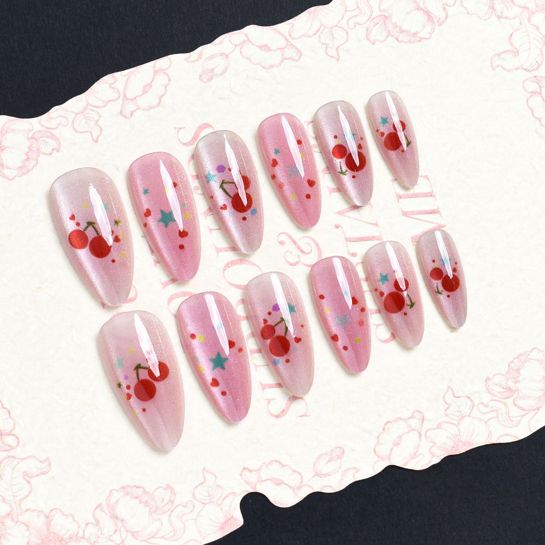 Artistic Press-On Nail Set with Cherry Blossom Design Kalsten