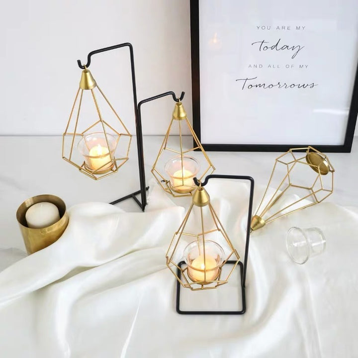 Decorative Geometric Hanging Tealight Candle Holder Set with Metal Stands and Glass Votives Kalsten