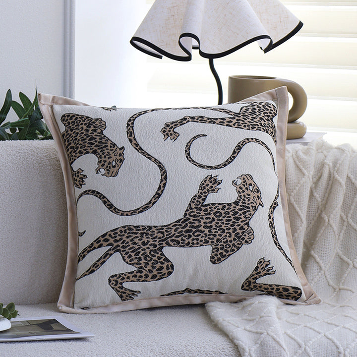Square pillowcase with embroidered leopard pattern and satin piping Kalsten