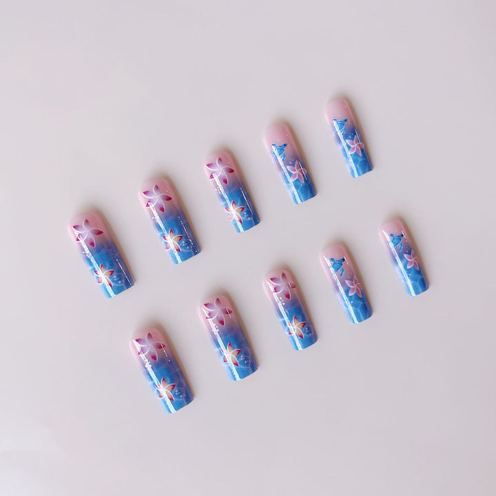 Artificial nail tips with tropical flower pattern and maritime turtle decoration Kalsten