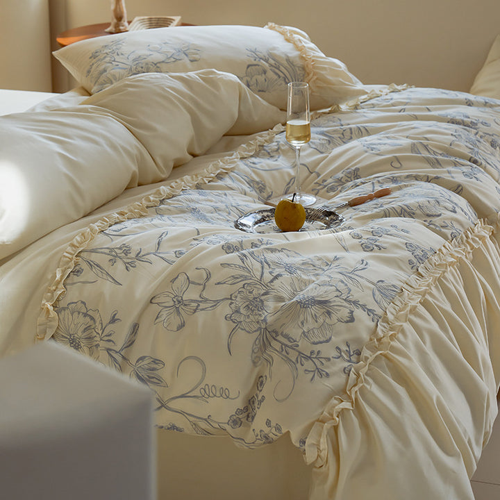 Romantic bed spread with ruffle, floral print and decorative pillow set