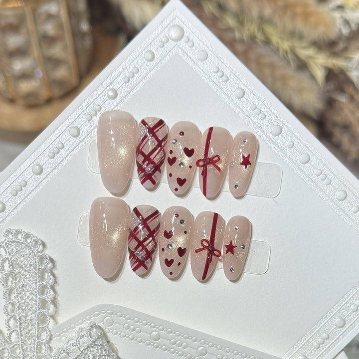 Romantic Themed Press-On Nail Set with Heart and Bow Accents Kalsten
