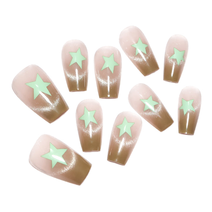 Artificial nail extensions with shimmer effect and star motifs Kalsten