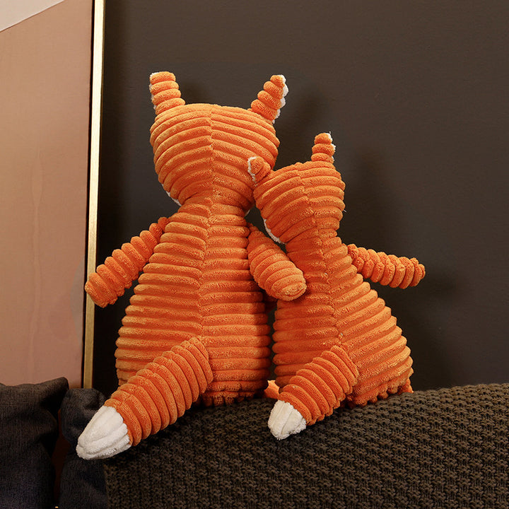 Corduroy Ribbed Fox Decorative Plush Cuddle Doll with Textured Stripe Body and Embroidered Features Kalsten