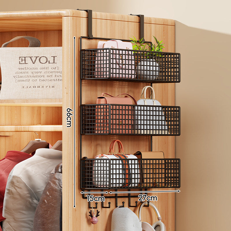 Over-Door Four-Tier Metal Mesh Hanging Storage Organizer with Integrated Hooks