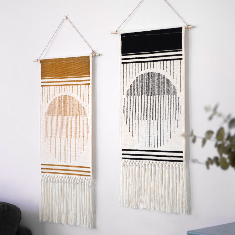 Woven Boho wall tapestry in Ethno design with long fringes and wood stick Kalsten