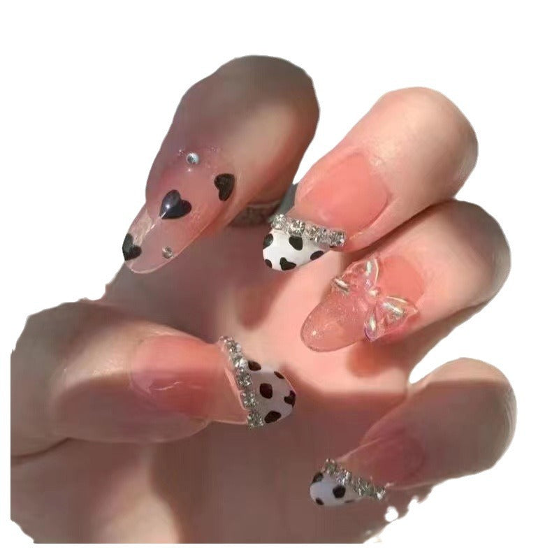 Decorative Press-On Nail Set with Elegant Heart and Bow Accents