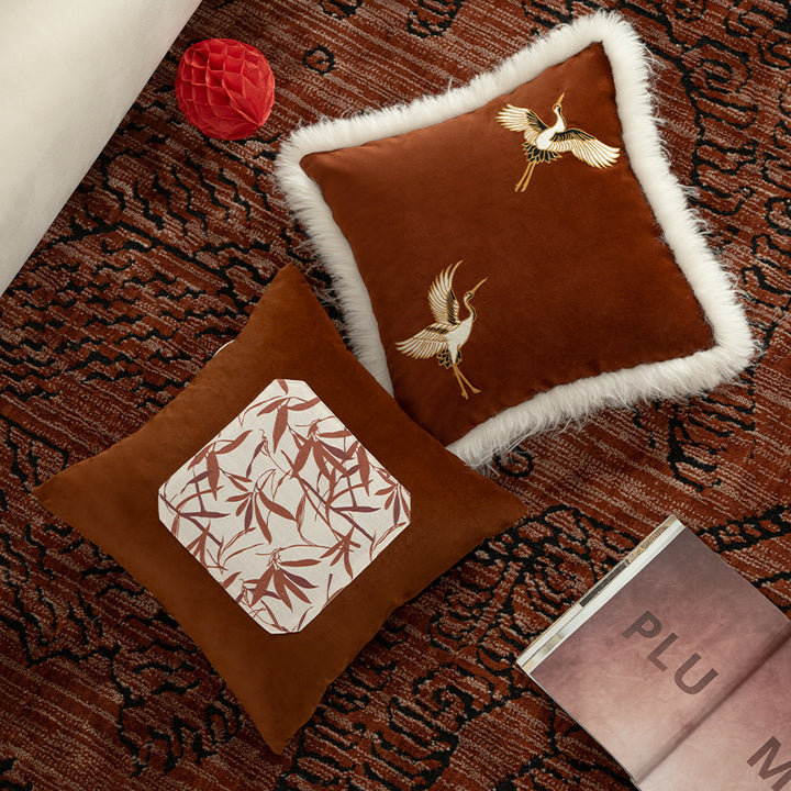 Luxurious embroidered satin pillowcase with art fur trim and crane motif Kalsten