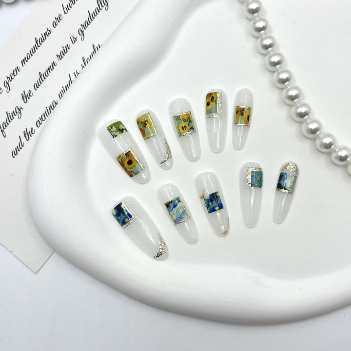 Artistic Press-On Nail Set with Floral and Scenic Designs