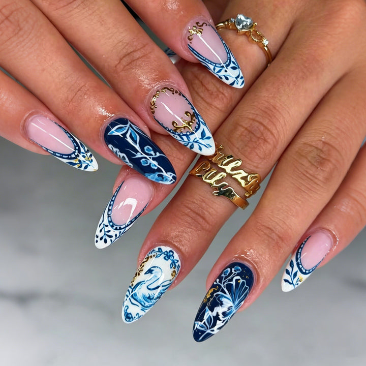 Elegant Floral and Swan Press-On Nail Design