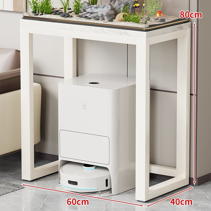 Gold Metal Aquarium Console Table with Faux Marble Top and Robot Vacuum Storage