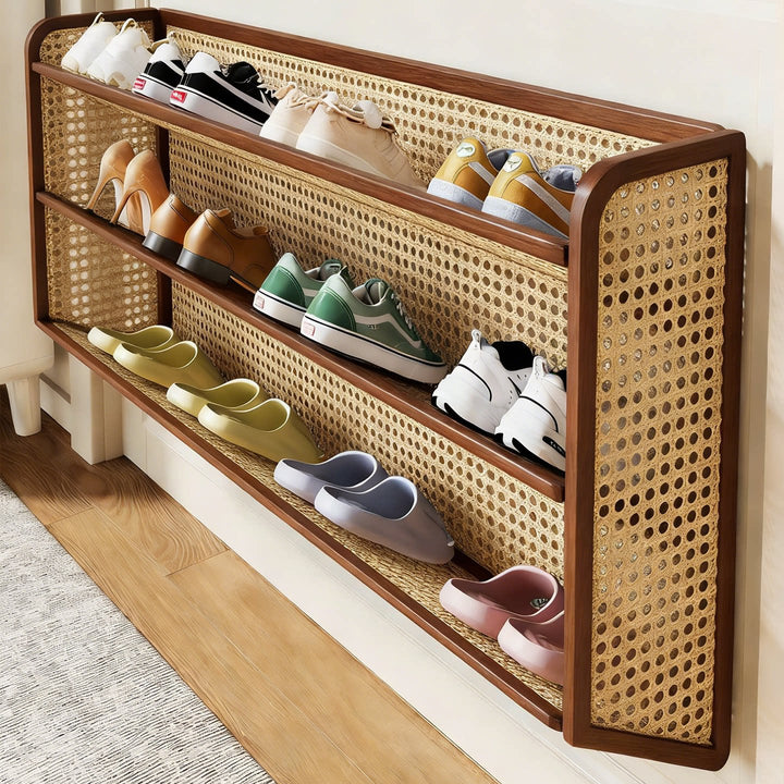 Wall-Mounted Fold-Down Mesh Shoe Shelf Organizer for Slim Entryways