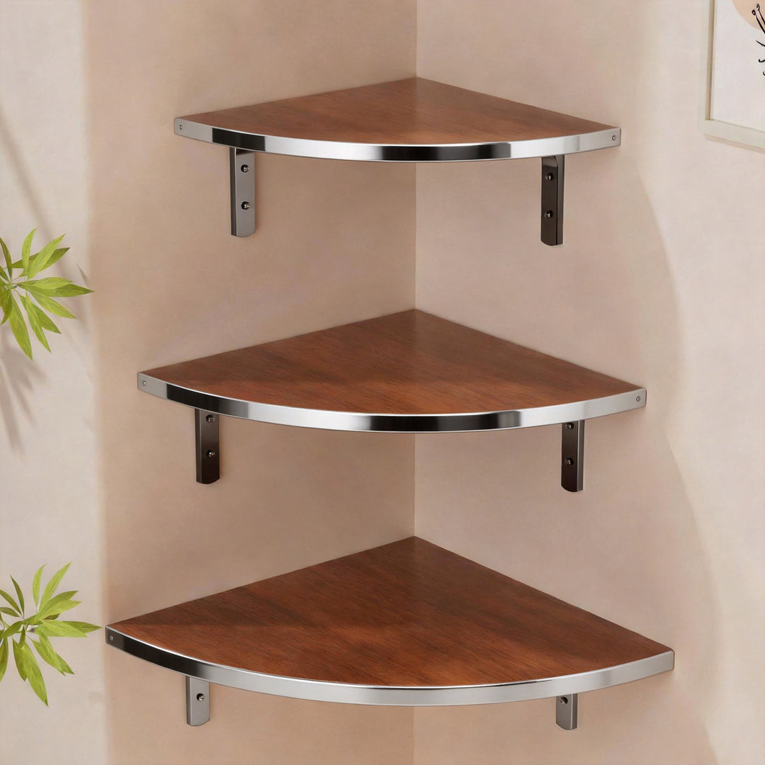 Corner Floating Wall Shelf with Curved Triangular Wooden Top and Heavy-Duty Metal Brackets