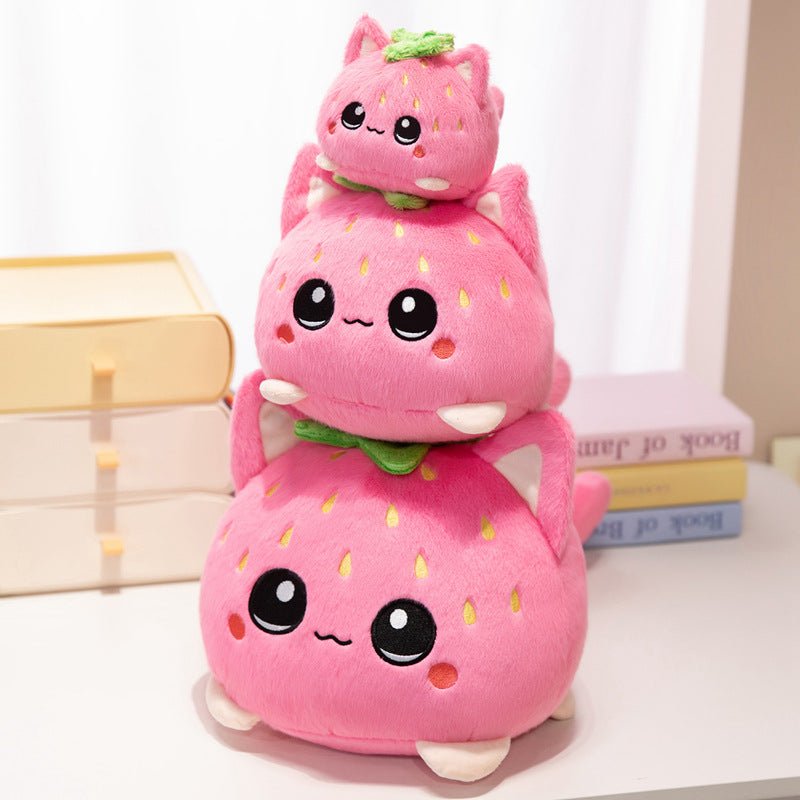 Round Strawberry Cat Plush Cushion with Embroidered Face Leaf Top & Soft Bean-Fill Kalsten