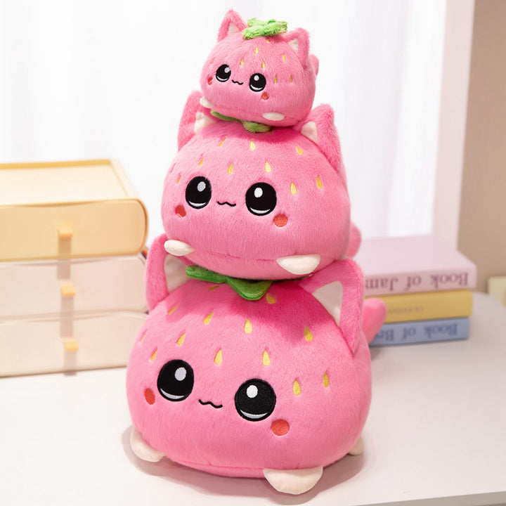 Round Strawberry Cat Plush Cushion with Embroidered Face Leaf Top & Soft Bean-Fill Kalsten