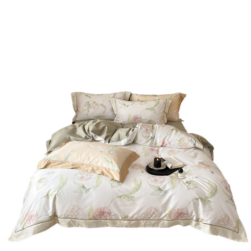 Luxurious cotton satin bedding set with large watercolor rose motif and silky feel