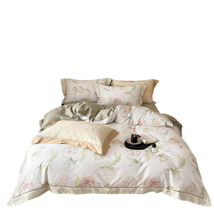 Luxurious cotton satin bedding set with large watercolor rose motif and silky feel
