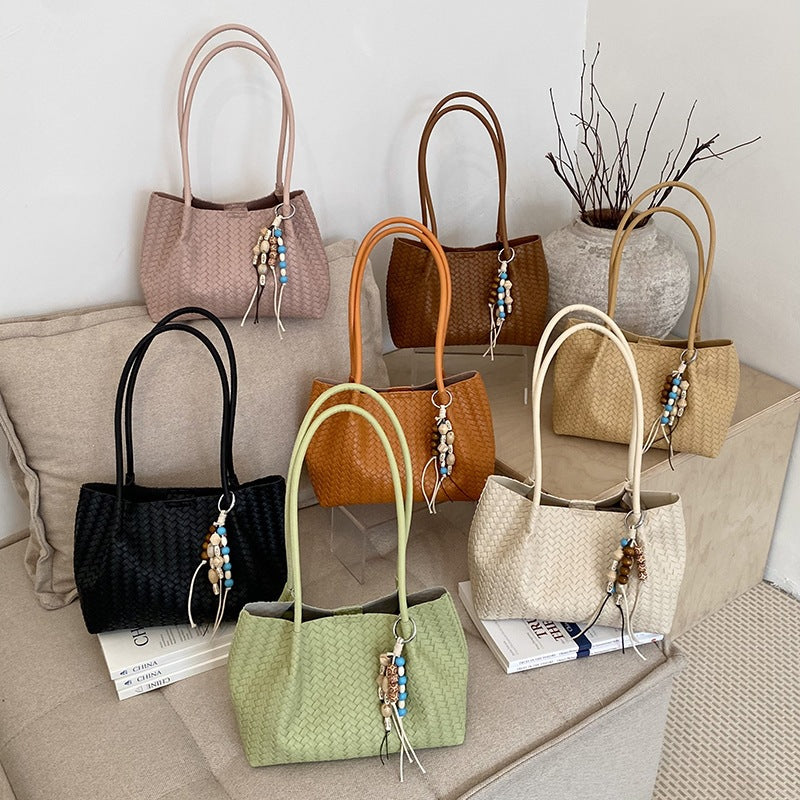 Woven Leather Tote Bag with Decorative Charms