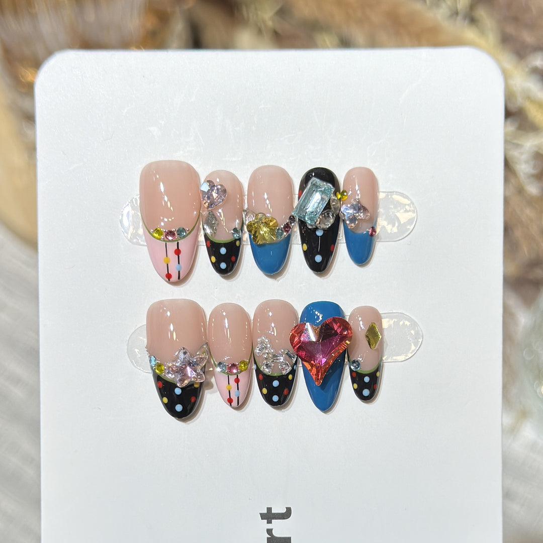 Artistic Press-On Nail Set with Colorful Jewel Accents Kalsten