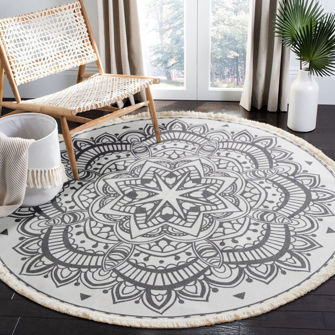 Round woven rug with mandala motif, flat cotton-jute mix and fringes Kalsten