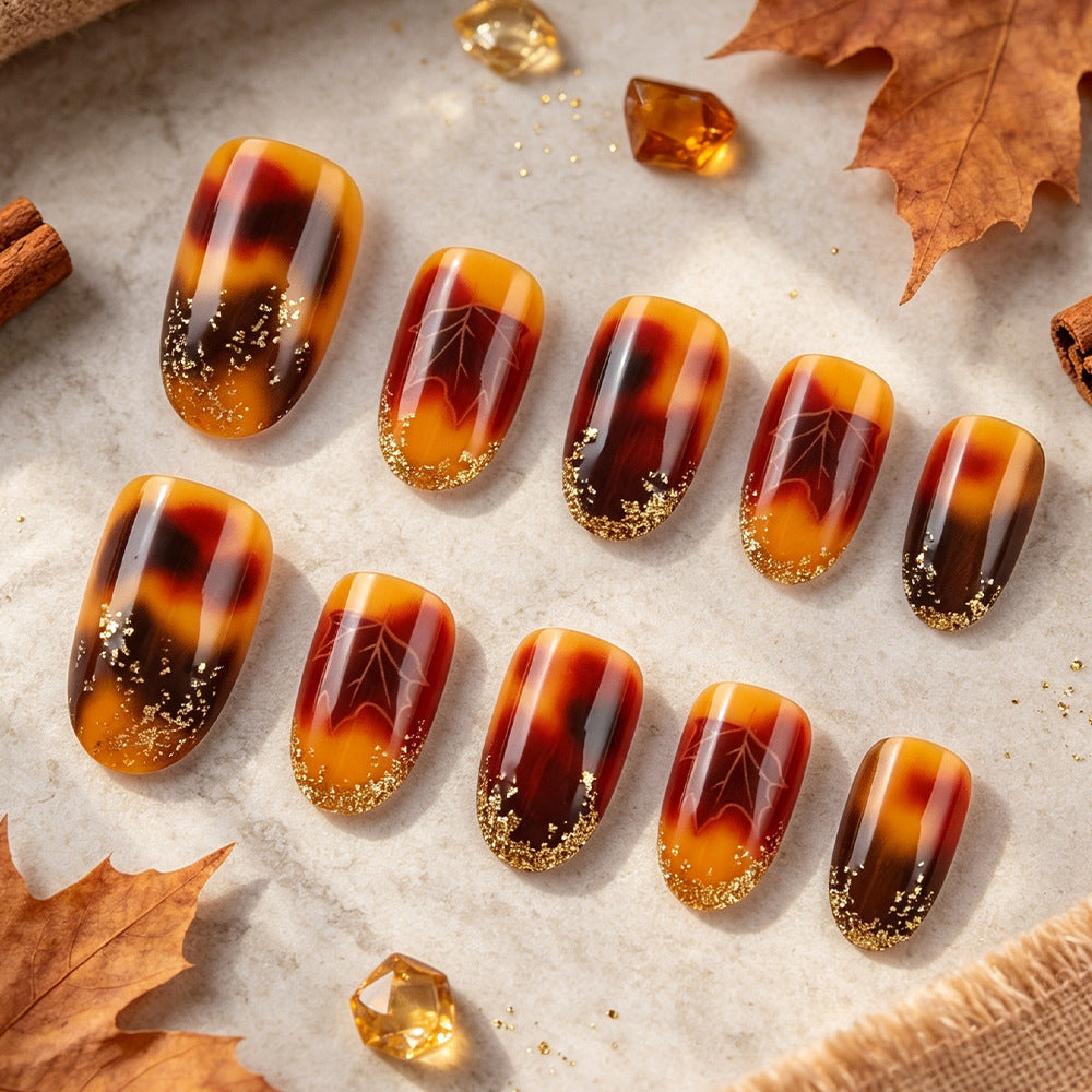 Artistic Press-On Nail Set with Autumn Leaf Design Kalsten