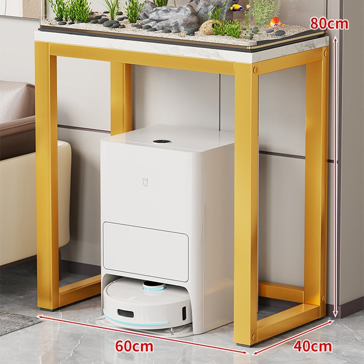 Gold Metal Aquarium Console Table with Faux Marble Top and Robot Vacuum Storage