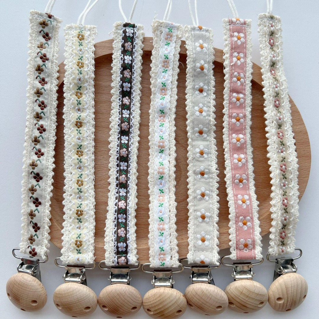 Natural Wooden Bead Pacifier Clip with Embroidered Cotton Lace Strap