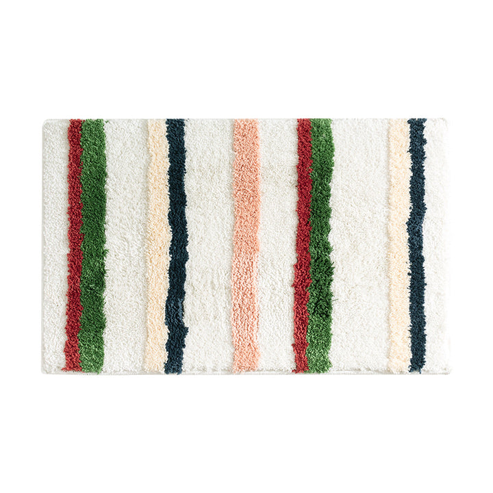 Soft bath mat with high pile, striped relief pattern and non-slip backing