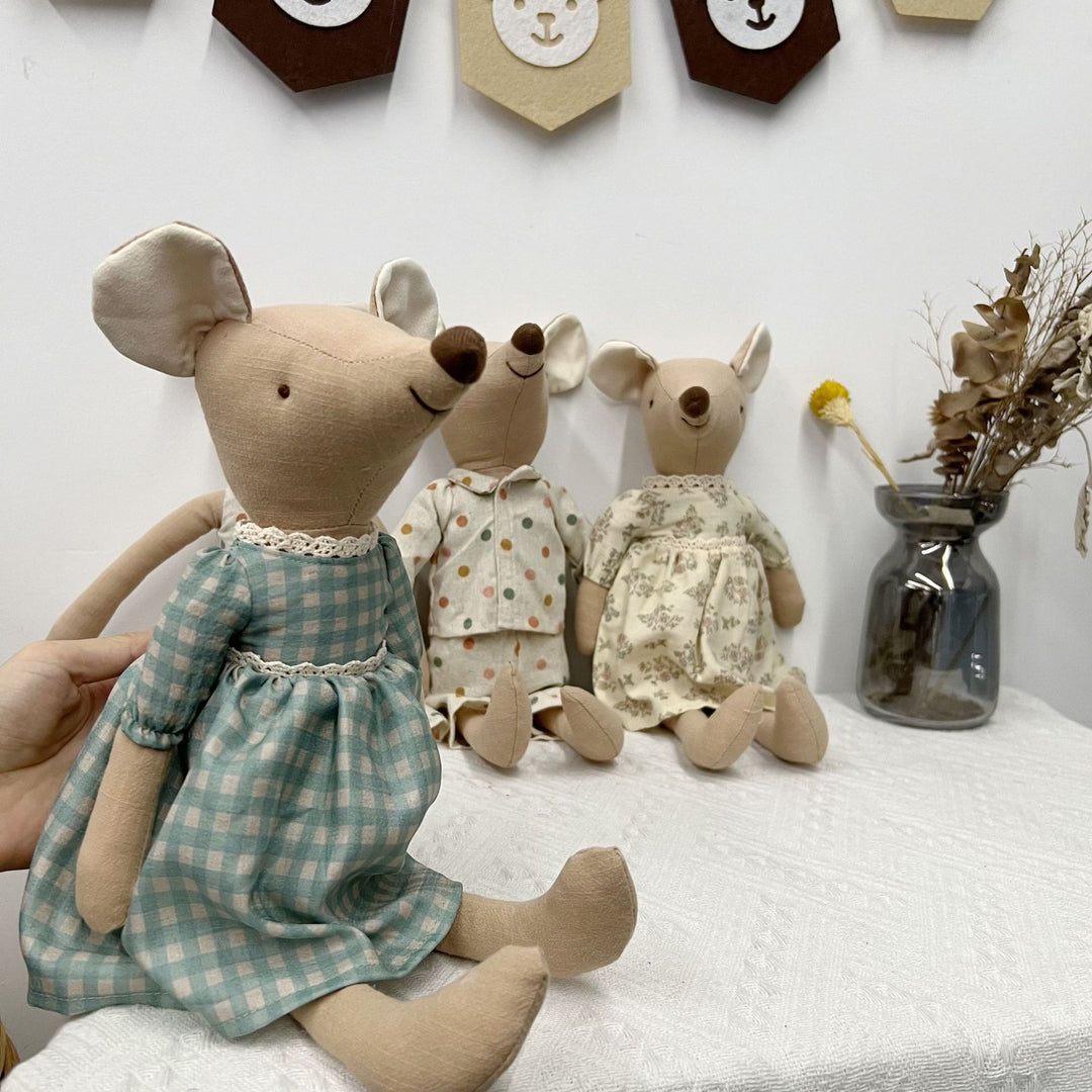 Handcrafted Linen Elephant Plush Doll with Long Limbs and Polka Dot Cotton Dress