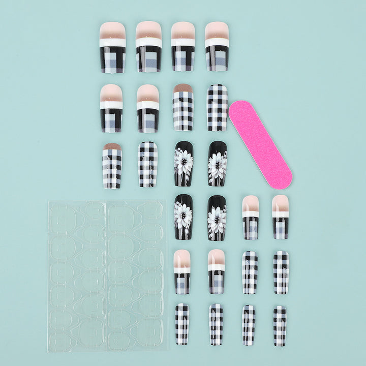 Creative artificial nails with stylish checkered patterns and floral design Kalsten