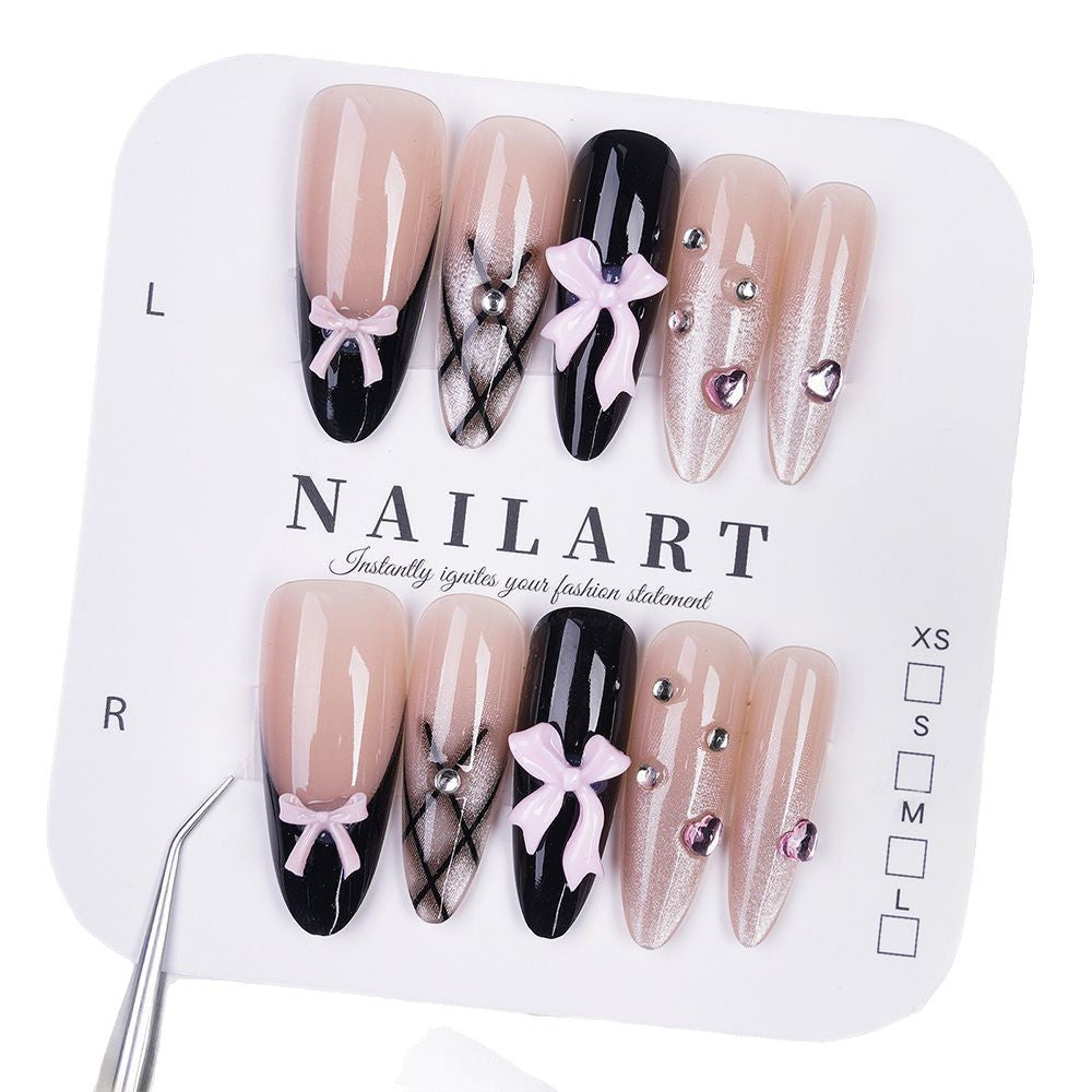 Artistic Press-On Nail Set with Creative Bow and Gemstone Accents Kalsten