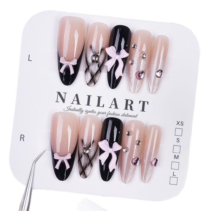 Artistic Press-On Nail Set with Creative Bow and Gemstone Accents Kalsten