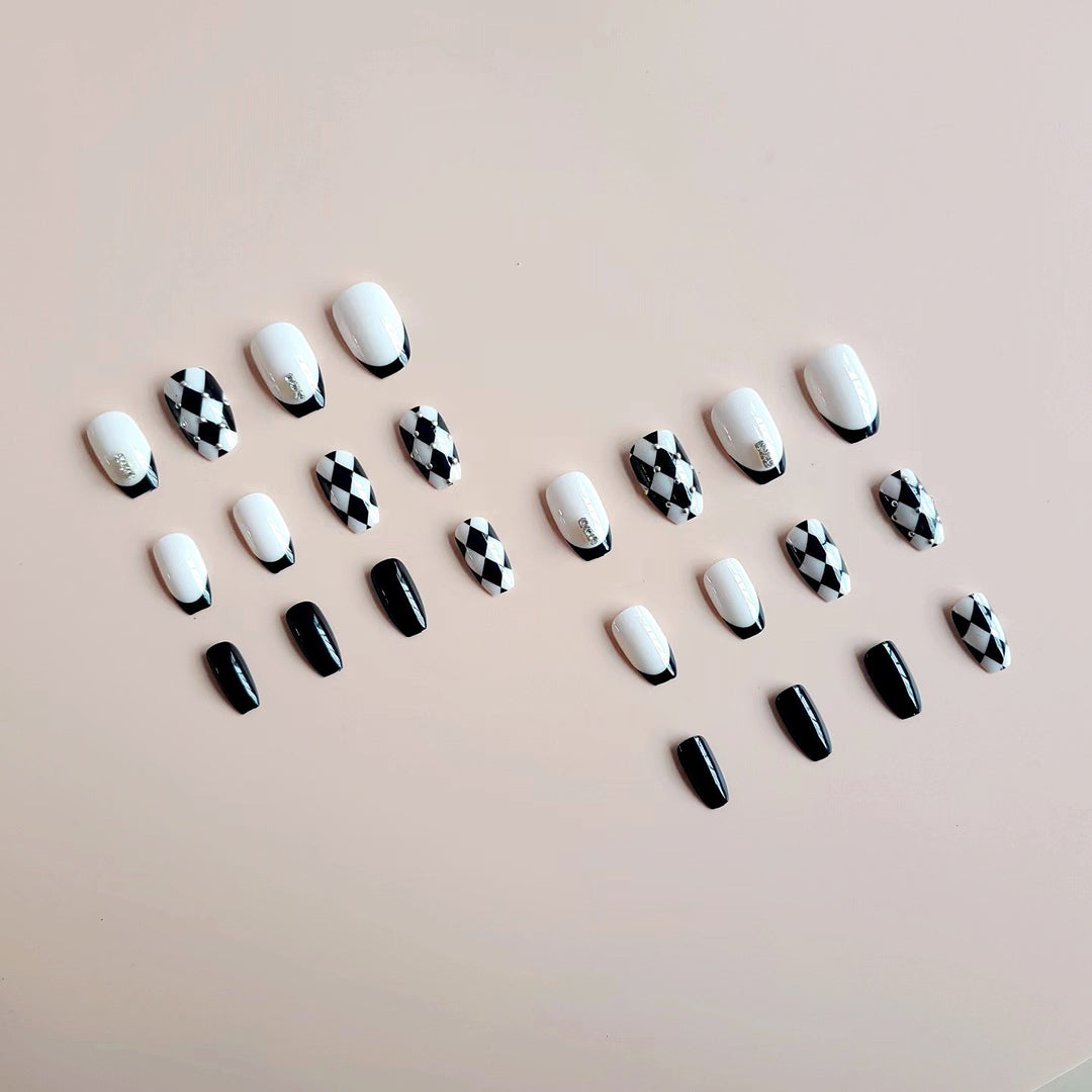 Acrylic Nail Set with Creative Checkerboard Design and Sparkling Accents Kalsten