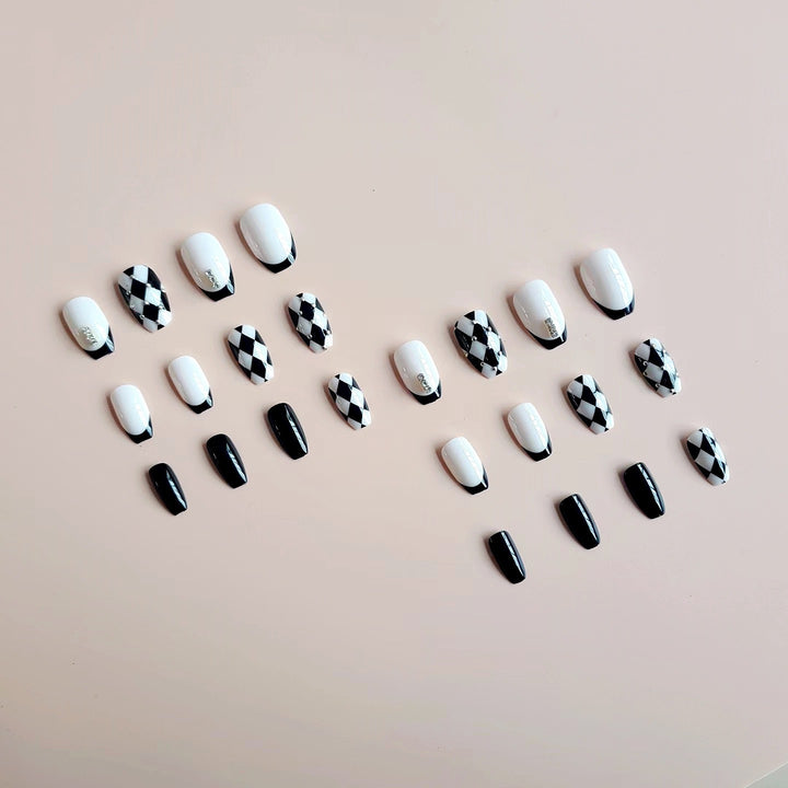 Acrylic Nail Set with Creative Checkerboard Design and Sparkling Accents Kalsten