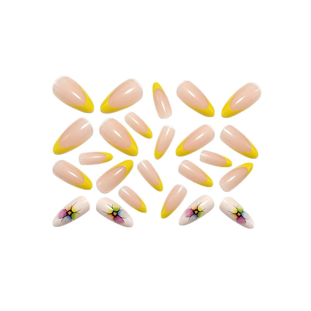Stylish artificial nails with floral accents and colorful French tip design Kalsten