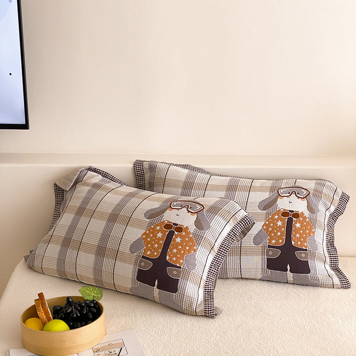Kids' pillowcases with cute bear applique and checkered muslin look