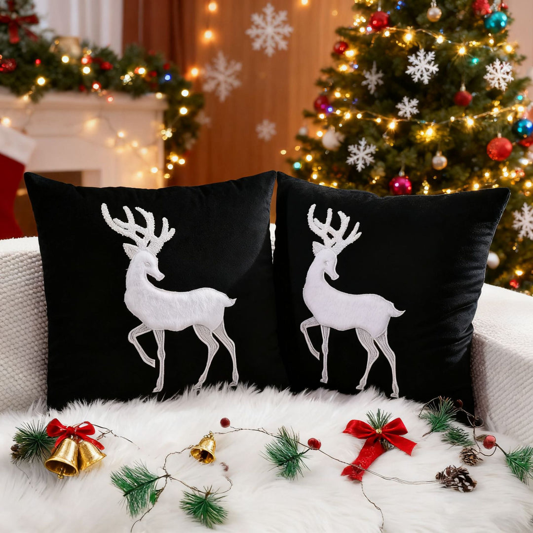 Festive Velvet Reindeer Appliqué Square Throw Pillow Cover with Hidden Zipper