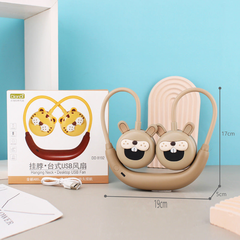 Unisex portable USB neck fan with two animal-shaped fan heads, flexible neckband, rechargeable Kalsten