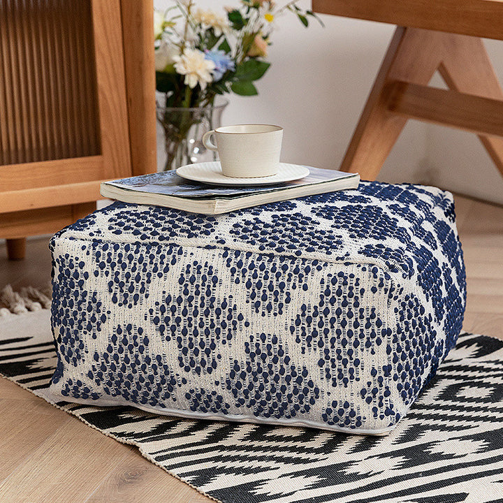 Boho seat pouf made of cotton fabric with fringes Kalsten