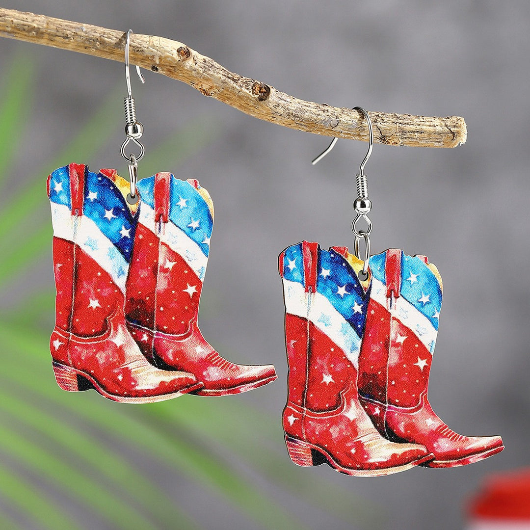 Ladies' lightweight wooden earrings in airplane jet design with patriotic motif and hypoallergenic fish hook Kalsten