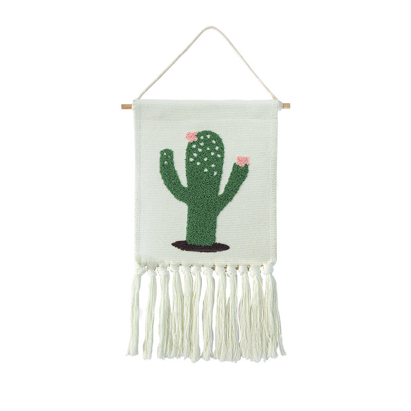 Woven cotton blend wall hanging with tufted cactus motif and cotton fringes Kalsten