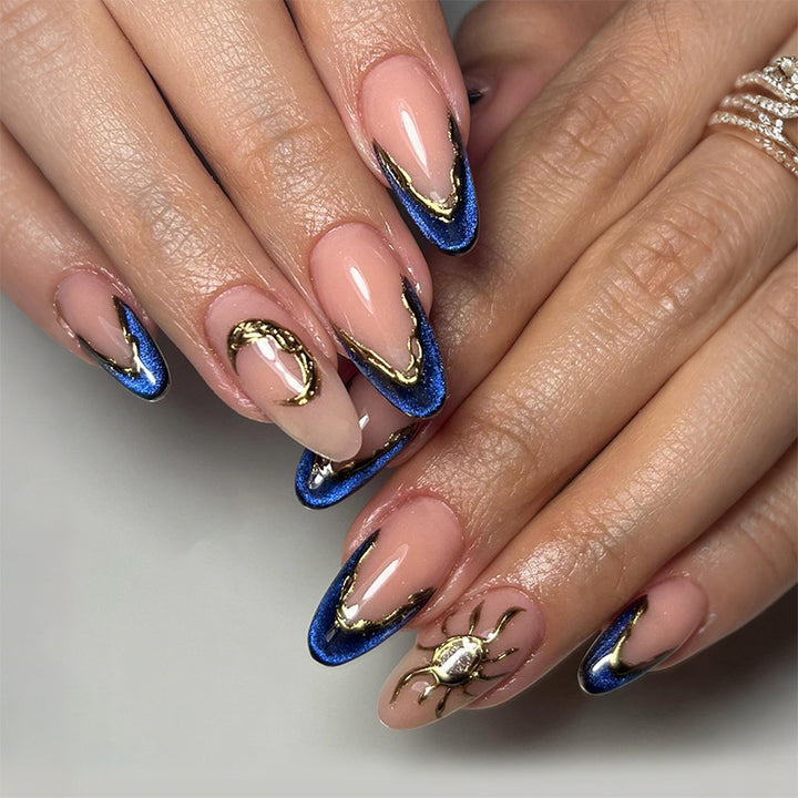 Premium Decorative Press-On Nail Set with Gold and Blue Accent Designs Kalsten