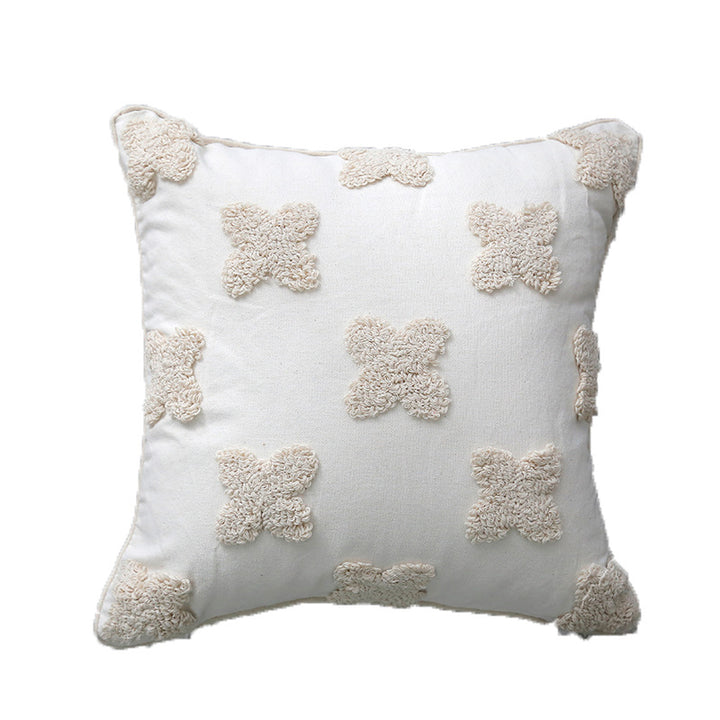 Handcrafted Boho Tufted Cotton Square Cushion Cover with Fringe Tassel Corners and Raised X Texture