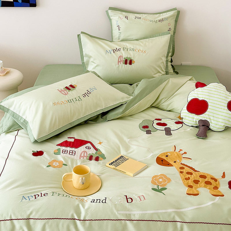 Child bedding set with applied safari giraffe, apple tree motif and fine embroidery